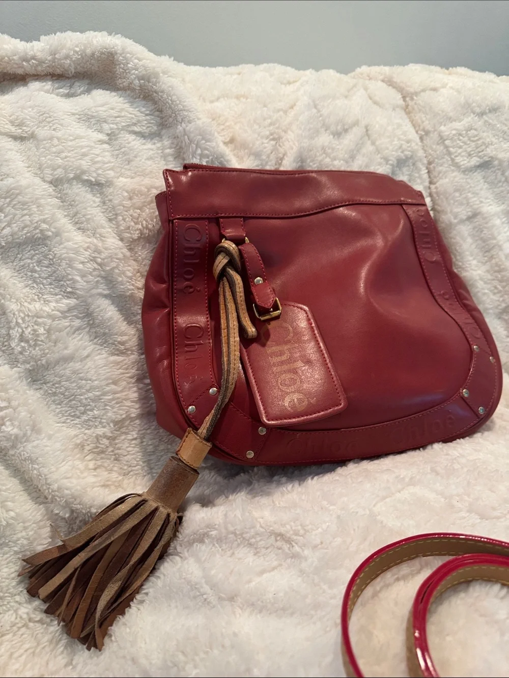 Chloe Red Leather Hobo with Logo Tag and tassel